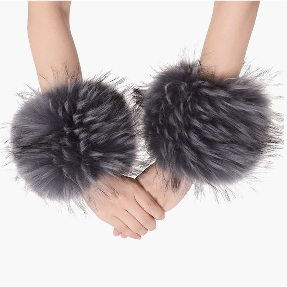 Gray Tipped Fuzzy Faux Fur Pom Pom Wrist Cuffs Furry Bands Arm Warmers - Picture 5 of 5